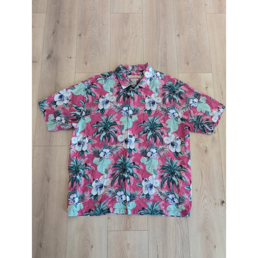 Tommy Bahama 100% Silk Hawaiian Tropical Floral Short Sleeve Button-Up Shirt XL